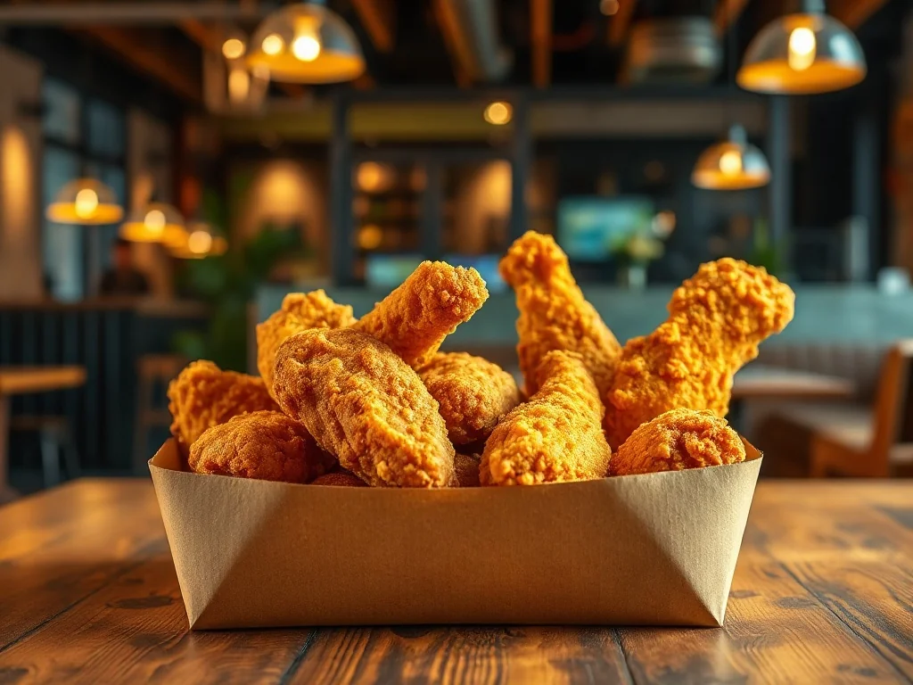 Złociste kawałki kurczaka w pudełku typu Chicken Box serwowane na drewnianym stole w restauracji McDonald's.