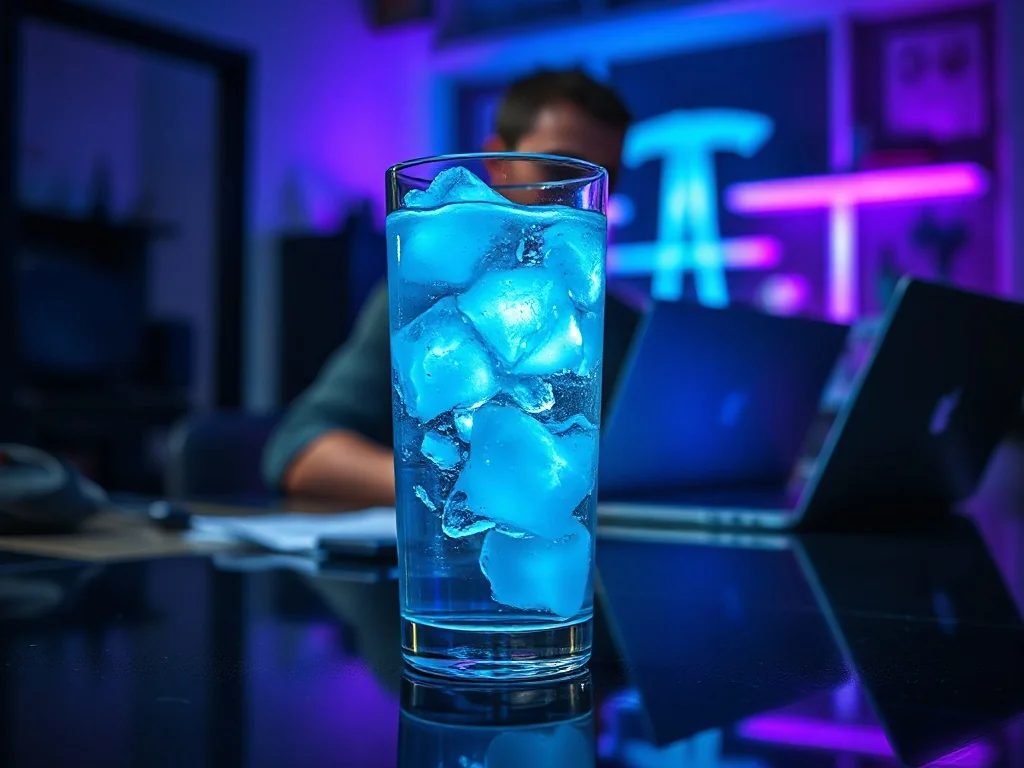 Szklanka z neonowo-niebieskim napojem energetycznym na tle nowoczesnego stanowiska pracy z oświetleniem typu gamingowego.